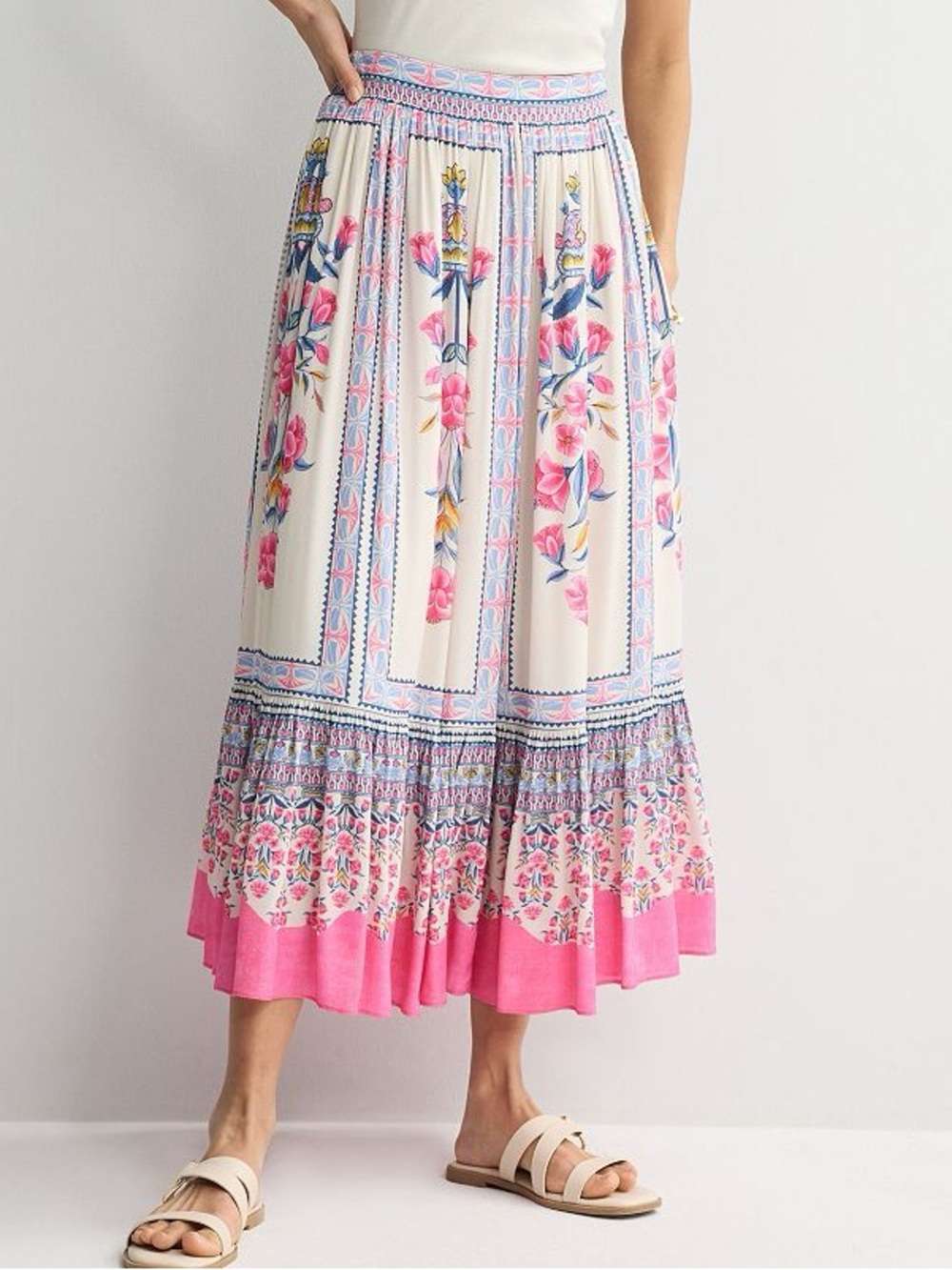 NWT Farmers Market Boho Floral Smocked Maxi Skirt Medium Pink Ivory Floral Print - Picture 3 of 10